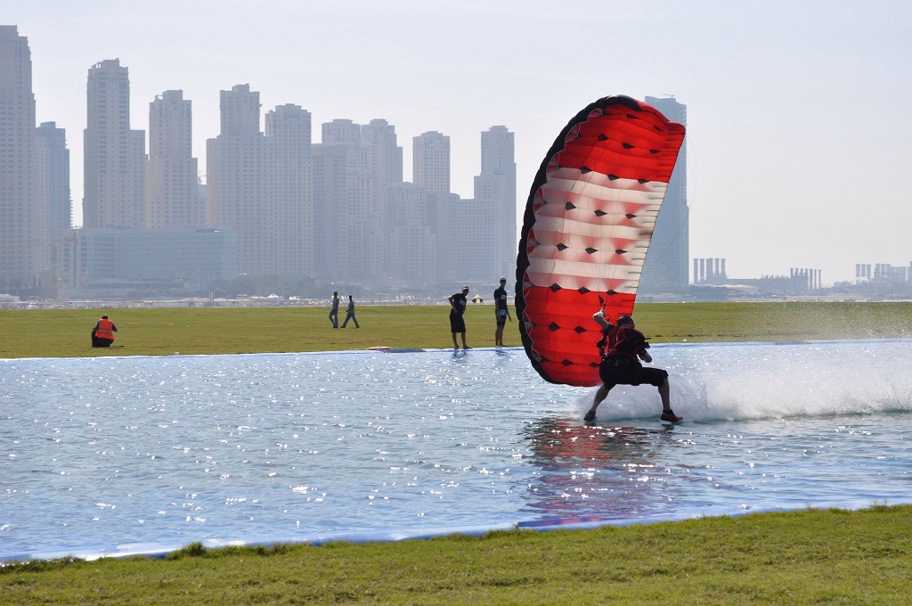 a swooping parachutist competitor during landing